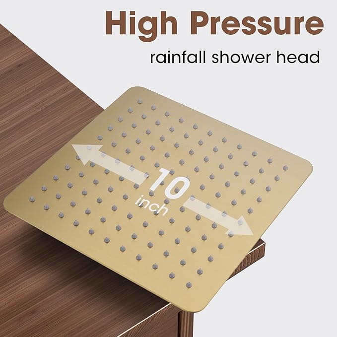10 Inch (25CM) Square Rainfall Shower Head, 304 Stainless Steel, Ultra Thin Pressure Boosting High Pressure Rain Bathroom Rainfall Showerhead Wallceiling Installation,Matte Brushed Gold