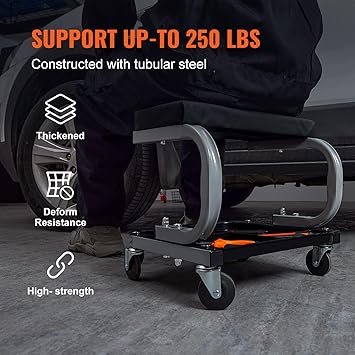 VEVOR Rolling Creeper GarageShop Seat, 250 LBS Capacity Padded Rolling Workshop Stool with Tool Tray Storage, Mechanic Stool for Garage, Shop, Auto Repair, Black