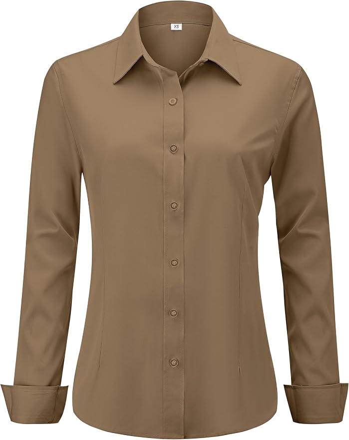 hearain Soft Wrinkle-Free Women's Button Down Dress Shirts Solid Long Sleeve Work Blouses Fit Stretch Casual Tops XXS-6XL