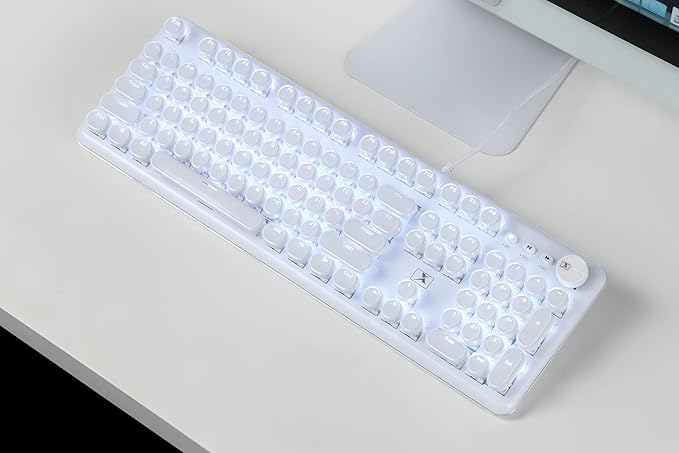 CC MALL Gaming Keyboard,Retro Punk Typewriter-Style, Blue Switches, White Backlight, USB Wired, for PC Laptop Desktop Computer, for Game and Office, Stylish White Mechanical Keyboard