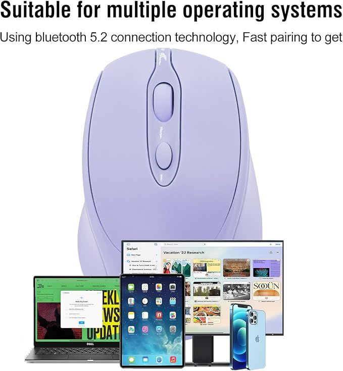 Bluetooth Mouse,Rechargeable Wireless Mouse for LaptopiPadMacBook ProAir, Silent Mouse Portable Slim for Surface ProPCLenovoSamsung Tablet (Purple)