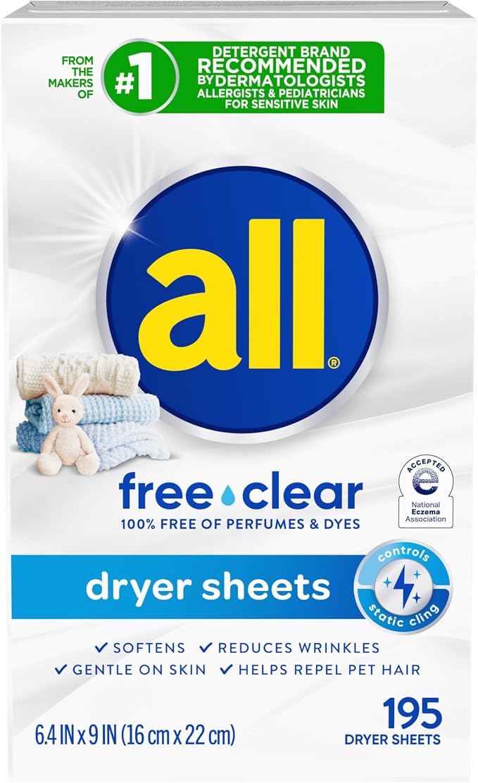 all free clear Fabric Softener Dryer Sheets for Sensitive Skin, 195 Count Dye free, dermatologist tested, fragrance free, controls static cling, reduces wrinkles, HE compatible