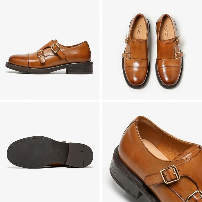 BEAU TODAY Monk Strap Loafers, Womens Leather Loafers, Cap Toe Slip-Ons Waxed Calfskin Loafer Flats for Business Casual Dress Women Shoes