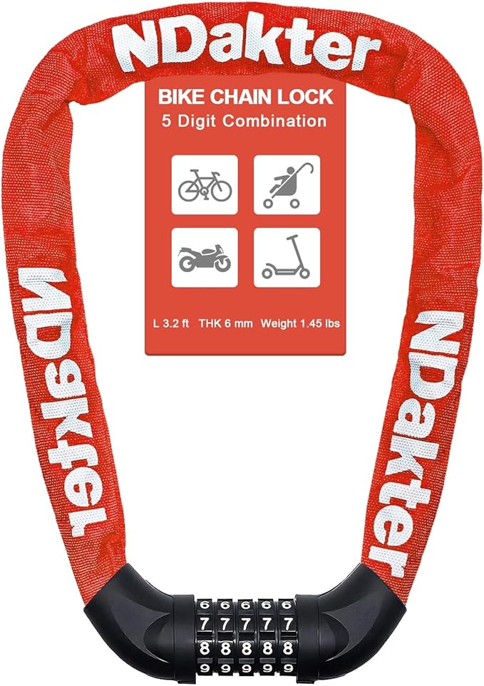 NDakter Bike Chain Lock, 5 Digit Combination Heavy Duty Anti Theft Bicycle Chain Lock,2.623.24.2756Ft Long Security Resettable Bike Locks for Bike, Bicycle, Scooter, Door, Gate, Fence-46mm Thick