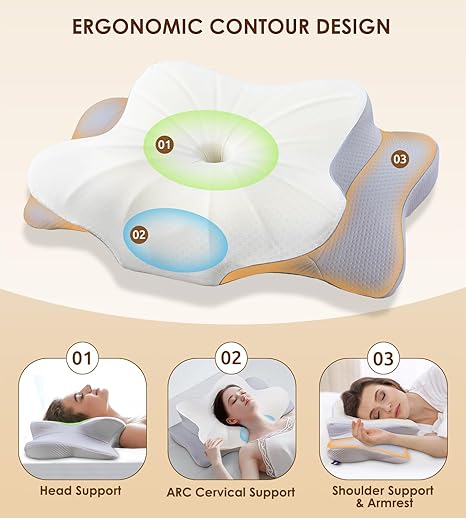 Cervical Pillow for Neck Shoulder, Ergonomic Contour Memory Foam Pillows for Sleeping with Washable Pillowcase, Cooling Neck Support Pillow for Side Back Stomach Sleeper-Grey-Standard Size