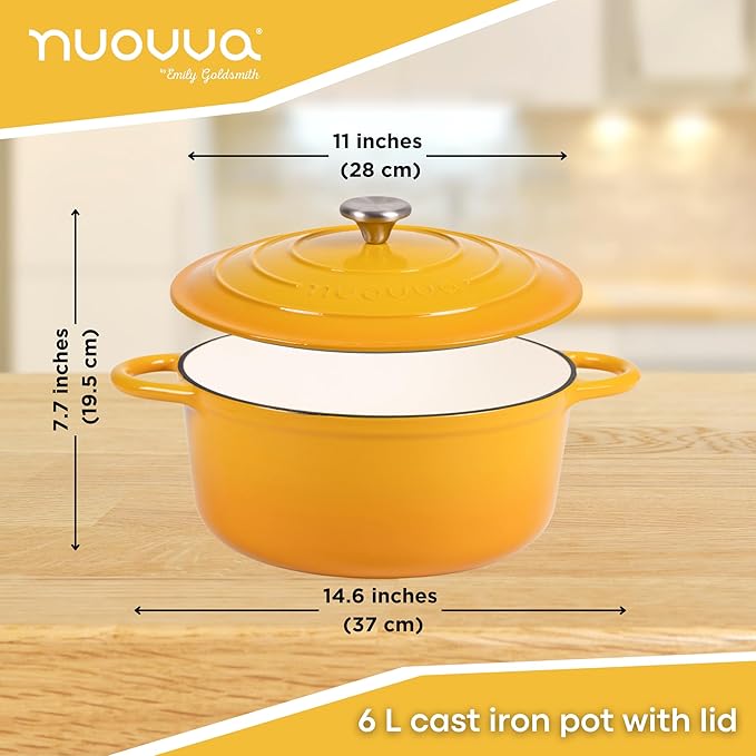 Nuovva Enamelled Cast Iron Dutch Oven Pot with Lid 6.4 Quart Non Stick Casserole Pot – Heavy Duty & Oven Safe up to 500° F for Bread Baking, Braising, Stews, Roasting – 28cm Yellow https://a.co/d/dvc0lyb