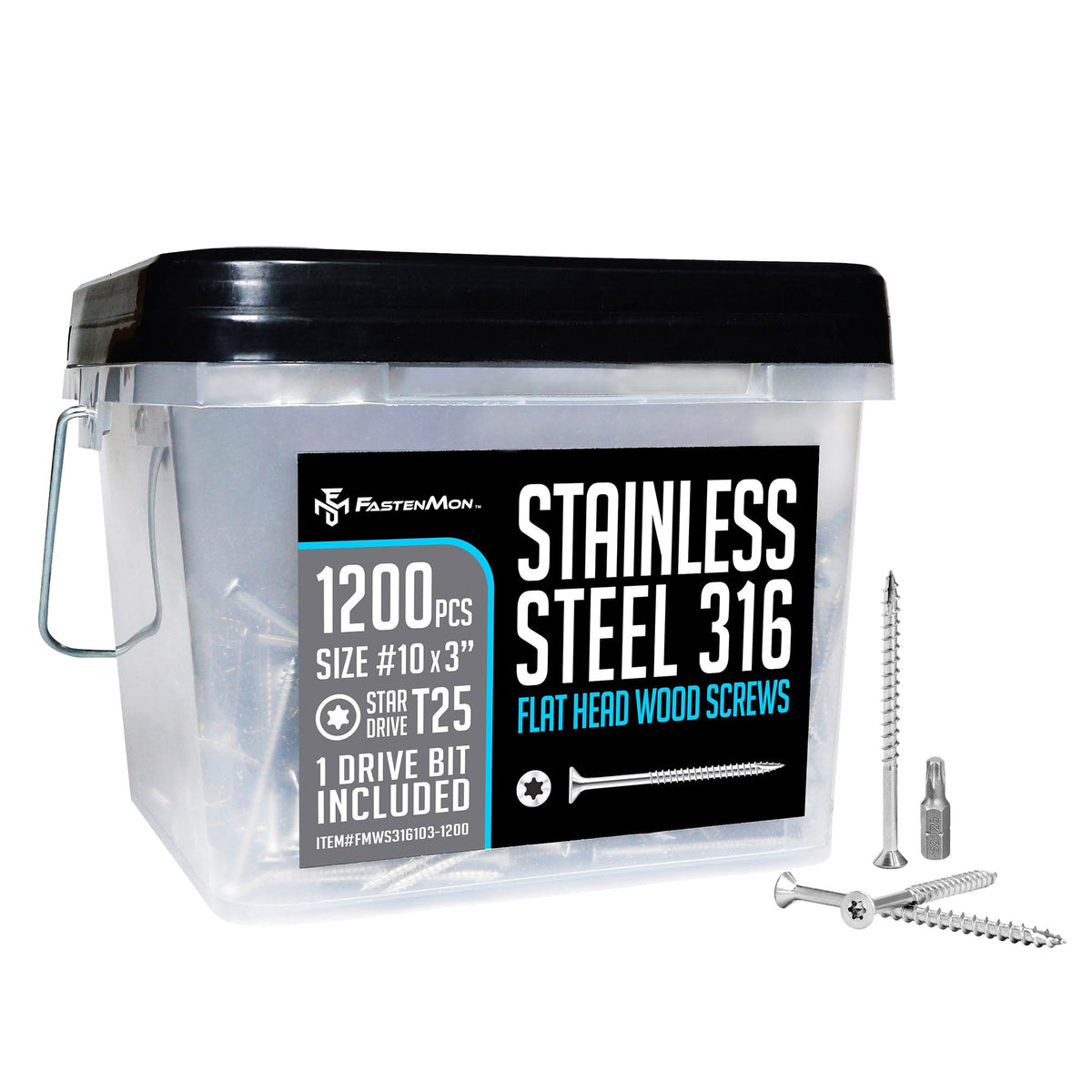 10 x 3 Marine Grade Type 316 Stainless Steel Wood Screws - 1200 Pack with T25 Bit “ Torx Flat Head Type 17 Point Ideal for Decks, Fences, and Coastal Construction