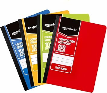 Basics Wide Ruled Composition Notebook, 100 Sheet, Assorted Solid Colors, 4-Pack