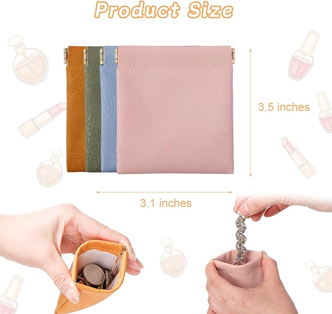 4 Pack Squeeze Coin purse, 3.5x3.1 inch PU Leather Mini Change Pouch for Coins, Jewelry, Earphones. Unisex Travel Coin purse for Men and Women