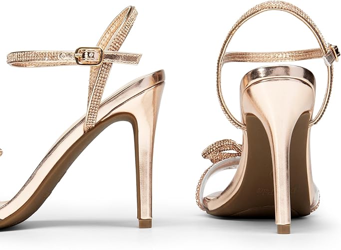 DREAM PAIRS Women's Heels Round Toe Rhinestone Double Bowknots Sparkly Stilettos Heeled Sandals Shoes for Party Evening