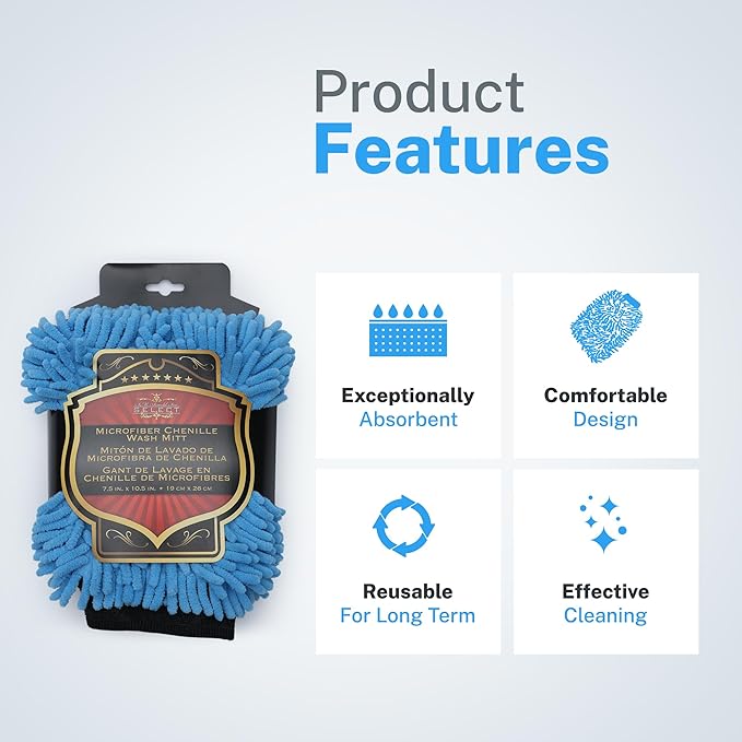 SM Arnold Ultra-Soft, High Absorbency Microfiber Chenille Wash Mitt for Car Detailing and Home Cleaning, Gentle Scratch-Free Cleaning Tool, Durable and Reusable, Ideal for Professional and DIY Use