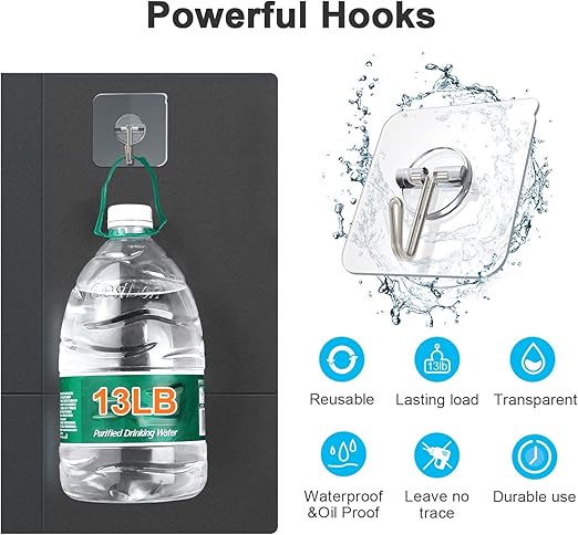Adhesive Hooks, Removable Wall Hooks 13 LB Ceiling Hooks Transparent Seamless Hooks Waterproof and Oil Proof for Cabinet Kitchen Bathroom Ceiling Office Window 10 Pack