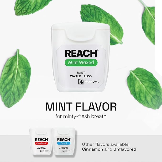 REACH Waxed Dental Floss, Mint, Plaque Remover for Teeth, Shred Resistant, Floss Slides Smoothly, Easy to Use, Waxed, Deep Cleaning Teeth, Oral Care, PFAS Free, for Adults Kids, 1 Pack, 55 yd