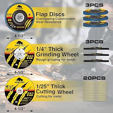 26 Packs Angle Grinder Cutting Flap Grinding Disc Wheel 4 1/2in Inches - 20 Packs 4.5"x1/4"x7/8" Cut off Wheels,3 Packs 4.5"x7/8" 60 Grit Flap Discs, 3 Packs 4.5"x1/25"x7/8" Grinding Wheels