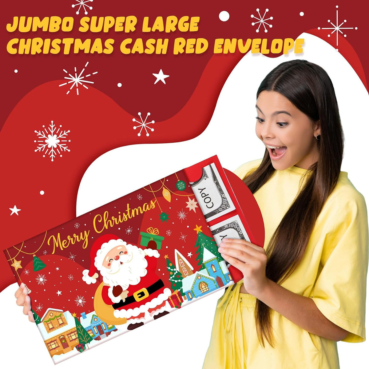 Humyoun Jumbo 14" x 8" Christmas Money Cash Holder with Envelopes, Classic 6 Money Slots for Cash Gifts, Santa Festive Theme Red Cover, Holiday Present Money Holder for Family Friends Xmas Parties