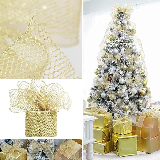 Sequin Mesh Wired Christmas Easter Glitter Sparkling Ribbon.Solid Spring Fabric Ribbon for Gift Wrapping Floral Bouquets Crafts Birthday Party Decor,2.5 x 10 Yards
