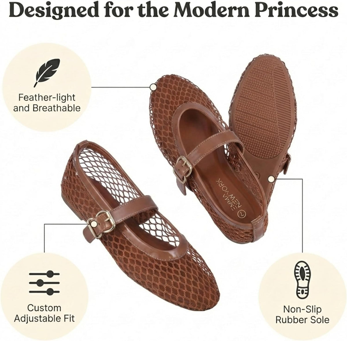 EMMA NEW YORK Mesh Ballet Flats for Women, Mary Jane Mesh Ballet Flats Shoes for Women with Buckle Strap.