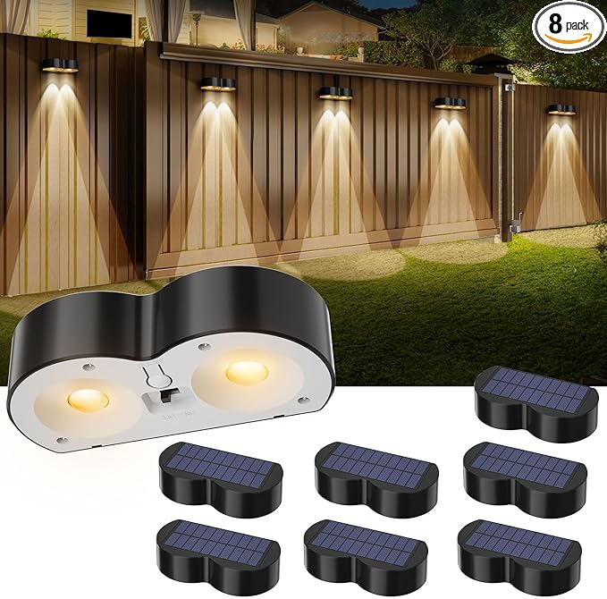 Pack of 8 upgraded solar lights for outdoor fence with point lenses, warm white, cool white and RGB 8 fixed colors, bright waterproof color lights for fence, wall, step,