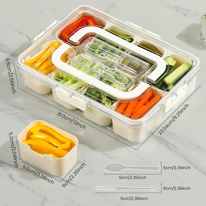 Portable Snackle Box Container, Divided Snack Tray with Lid and Handle, Clear Snack Box Container with 8 Compartments