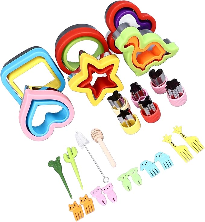 9Pcs Sandwichs Cutter and Sealer Set, Uncrustable Sandwichs Maker, Stainless Steel Cookie Cutters, Vegetable and Fruit Shapes, with Forks, Stirring Stick, Brush for DIY Baking