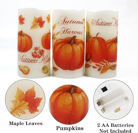Lordearon Fall Pumpkin Flameless Candles Real Wax LED Battery Operated Pillar Candles with Timer, Thanksgiving Decor Set of 3,Warm Light