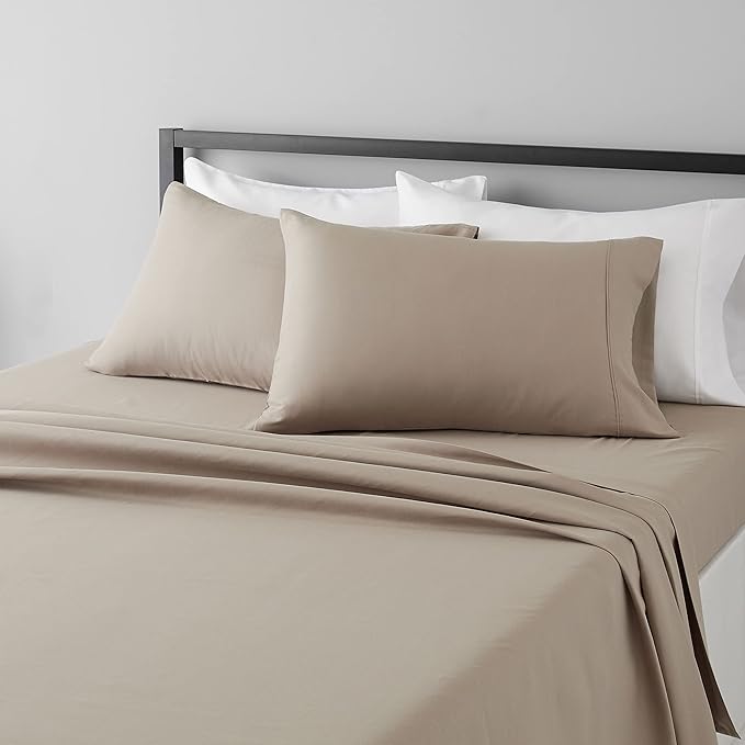 Basics Lightweight Super Soft Cooling, Easy Care Breathable Wrinkle Free Microfiber Comfortable 4-Piece Bed Sheet Set with 14-Inch Deep Pockets, Queen, Taupe, Solid