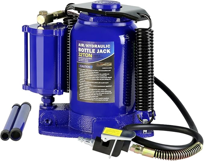 HomVent Pneumatic Air Hydraulic Bottle Jack, 32 Ton Car Bottle Jack Hydraulic with 10.4-16.3 Inch Lifting Range and 2-Section Long Handle for Car, Pickup Truck, Truck, RV, Auto Repair (Blue, 32 Ton)
