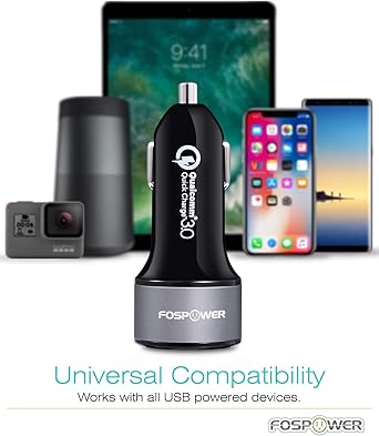 FosPower USB Car Charger, 3.0 Fast Charging 2 Port Cigarette Lighter Adapter UL Listed 36W Qualcomm Quick Charger Compatible with iPhone, iPad, Samsung Galaxy, LG, Google Pixel, Moto