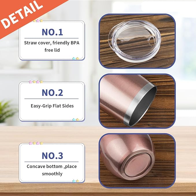StarSpeed 12oz Wine Tumbler with lid, Stainless Steel Travel Mugs Stemless Double Wall Insulated Coffee Cup, Insulated Wine Glasses Travel Tumbler for Cold Hot Drinks(Rose Gold, 1)