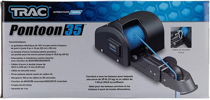 Camco TRAC Outdoors Pontoon 35-G3 Electric Anchor Winch Features a High-Efficiency, 12-Volt DC, All Steel Gear Motor and 100-feet of Pre-Wound Double-Braid Anchor Rope (69003)