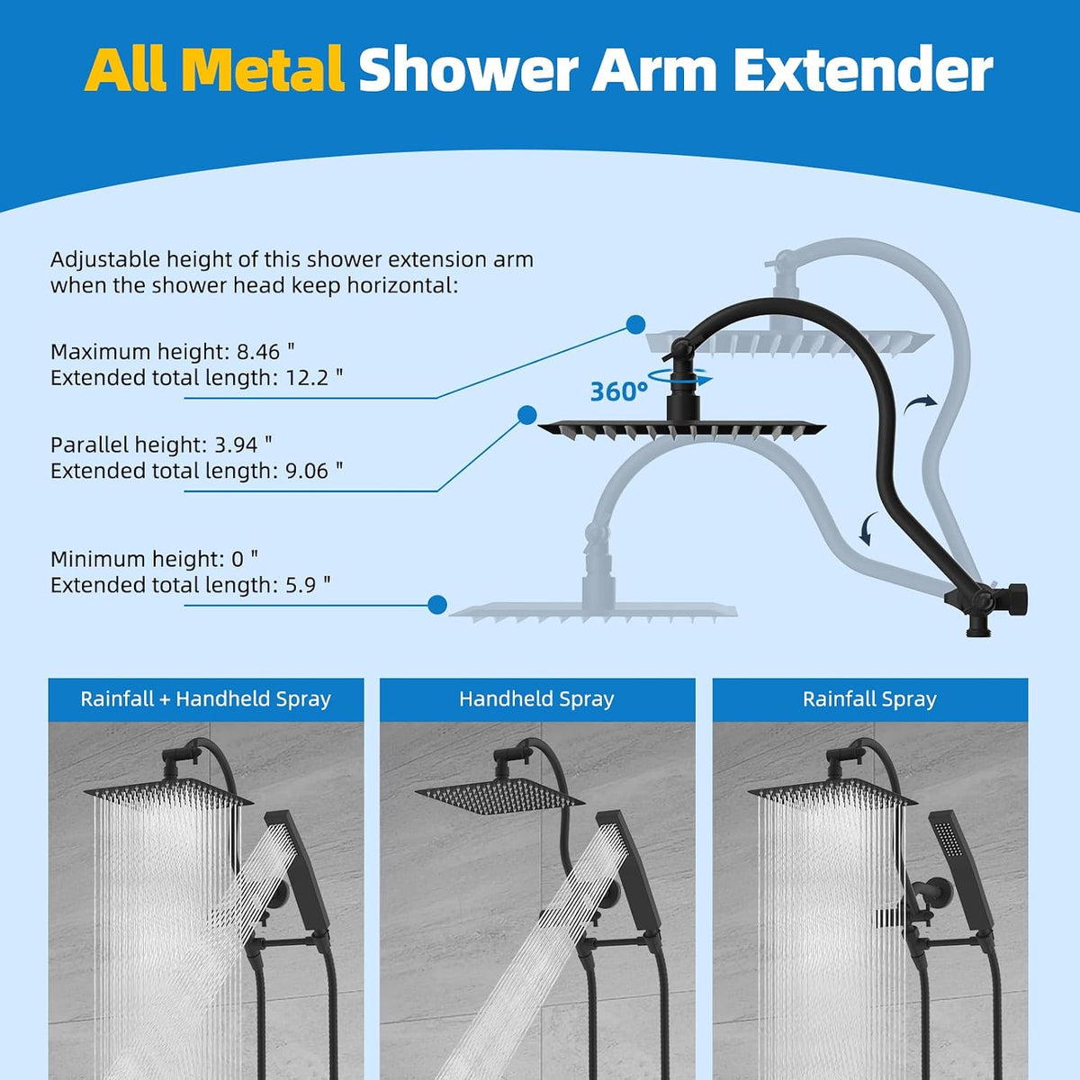 Hibbent All Metal 12 Inch Brass Adjustable Shower Head Extension Arm with Shower Arm Diverter Valve, G 1/2 3-Way Bathroom Universal Shower System Replacement Part, Shower Arm Extender, Matte Black