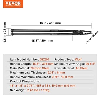 VEVOR Blacksmith Tongs, 18 Wolf Jaw Tongs, Carbon Steel Forge Tongs with A3 Steel Rivets, for Horseshoes, Curved Shapes, Block Forgings, for Beginner and Seasoned Blacksmiths and Bladesmiths