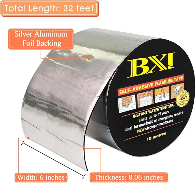 BXI Flashing Roll Tape Membrane, 6 inches X 32 Feet Thick Waterproof Patch Seal Tape, Self-Adhesive SBS Modified Rubberized Asphalt, Deck Seam Joist Leak Sealant for Roof Window Gutter Repair Outdoor