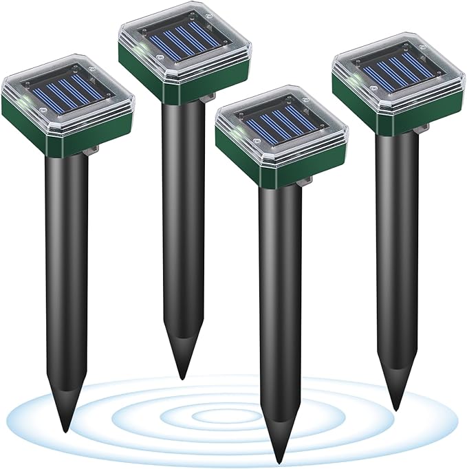 Mole Repellent Solar Powered-Waterproof Vole Chipmunk Repellent Outdoor Ultrasonic Mole Repeller Vole Vibration Stakes for Yard Mole Deterrent Spike for Chipmunk Groundhog Snake Rodent(4pack)