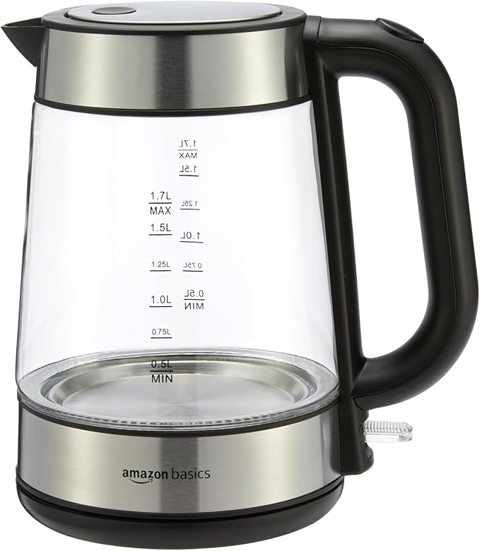 Basics Electric Kettle with Glass Carafe for Tea and Coffee, BPA-Free, Fast Boiling, Auto Shut-Off, 1.8 Quarts, 1500W, Black and Silver