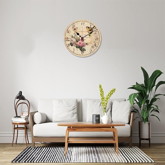 12 Inch Wood Wall Clock Silent Non-Ticking Wall Clocks for Office,Bathroom,Living Room,Dining Room,Kitchen Decoration, FlowersBirds Style Round Hanging Clock