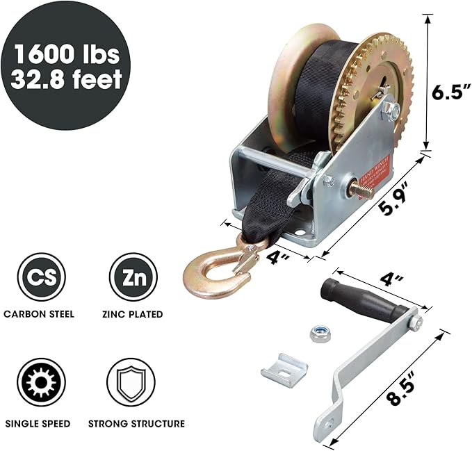 BIG RED ATRT1161SR Torin 1600lbs Capacity Heavy Duty Steel Cable Manual Hand Crank Winch with 32.8ft Nylon Strap and Two-Way Ratchet, for Boats, Trailers, Trucks, ATVs