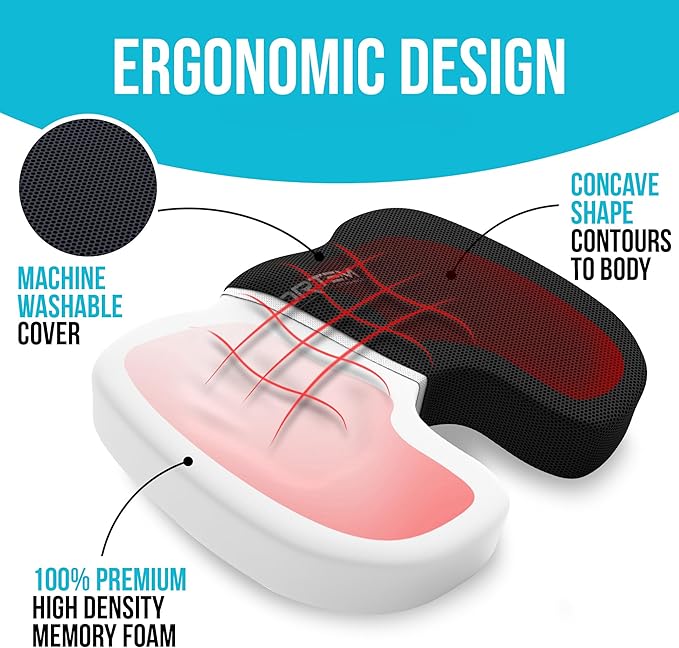 FORTEM Office Chair Cushion, Memory Foam Seat Cushion, Non Slip Sitting Pillow for Gaming, Car Seat, Computer Chair Pad, Sciatica and Tailbone Support, Washable Cover