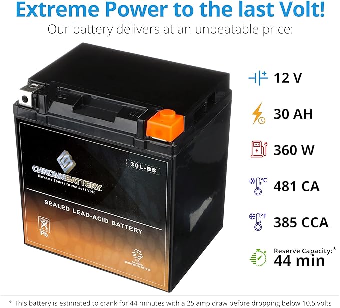 Chrome Battery YTX30L-BS Maintenance Free Replacement Battery for ATV, Motorcycle, Snowmobile, and UTV: 12 Volts, 3 Amps, 30Ah, Nut and Bolt (T3) Terminal