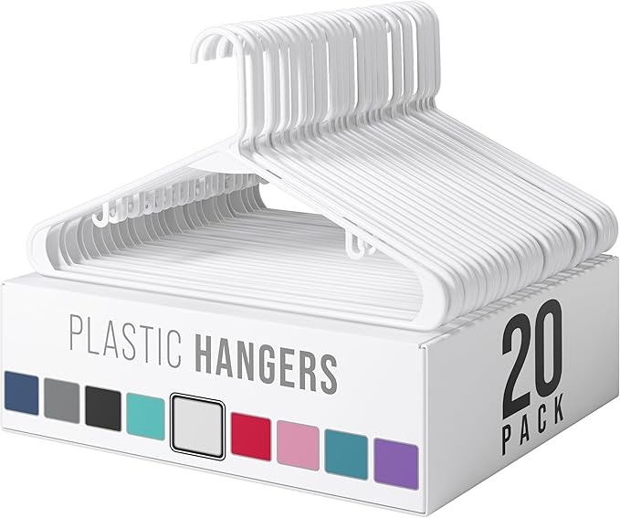 Clothes Hangers Plastic 20 Pack - White Plastic Hangers - Makes The Perfect Coat Hanger and General Space Saving Clothes Hangers for Closet - Percheros Ganchos para Colgar Ropa Hangars