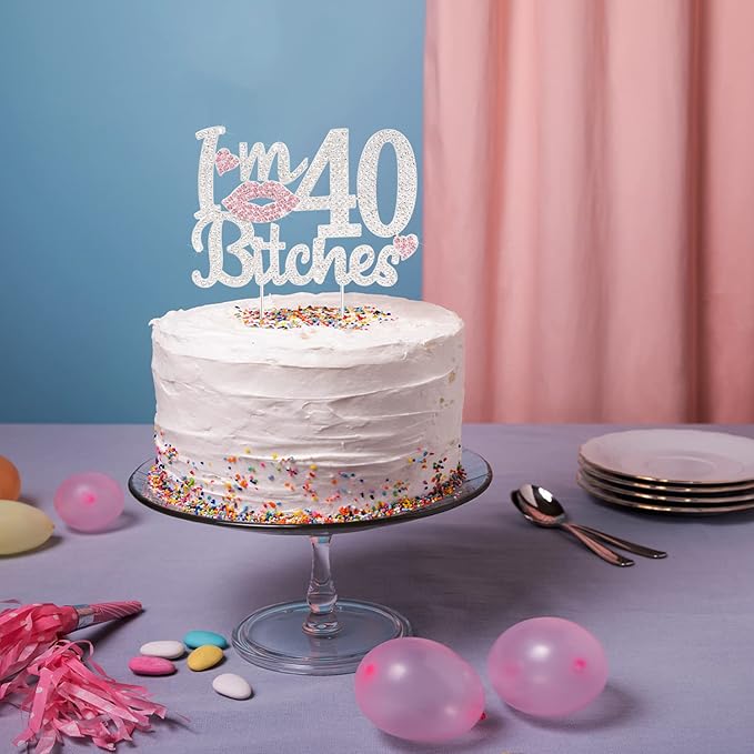 I'm 40th Funny Birthday Pink Rhinestone Cake Topper - Happy 40th Birthday Cheers to 40 Years Old Forty Bday Party Metal Sparkly Food Centerpieces Topper Decorations Sign.