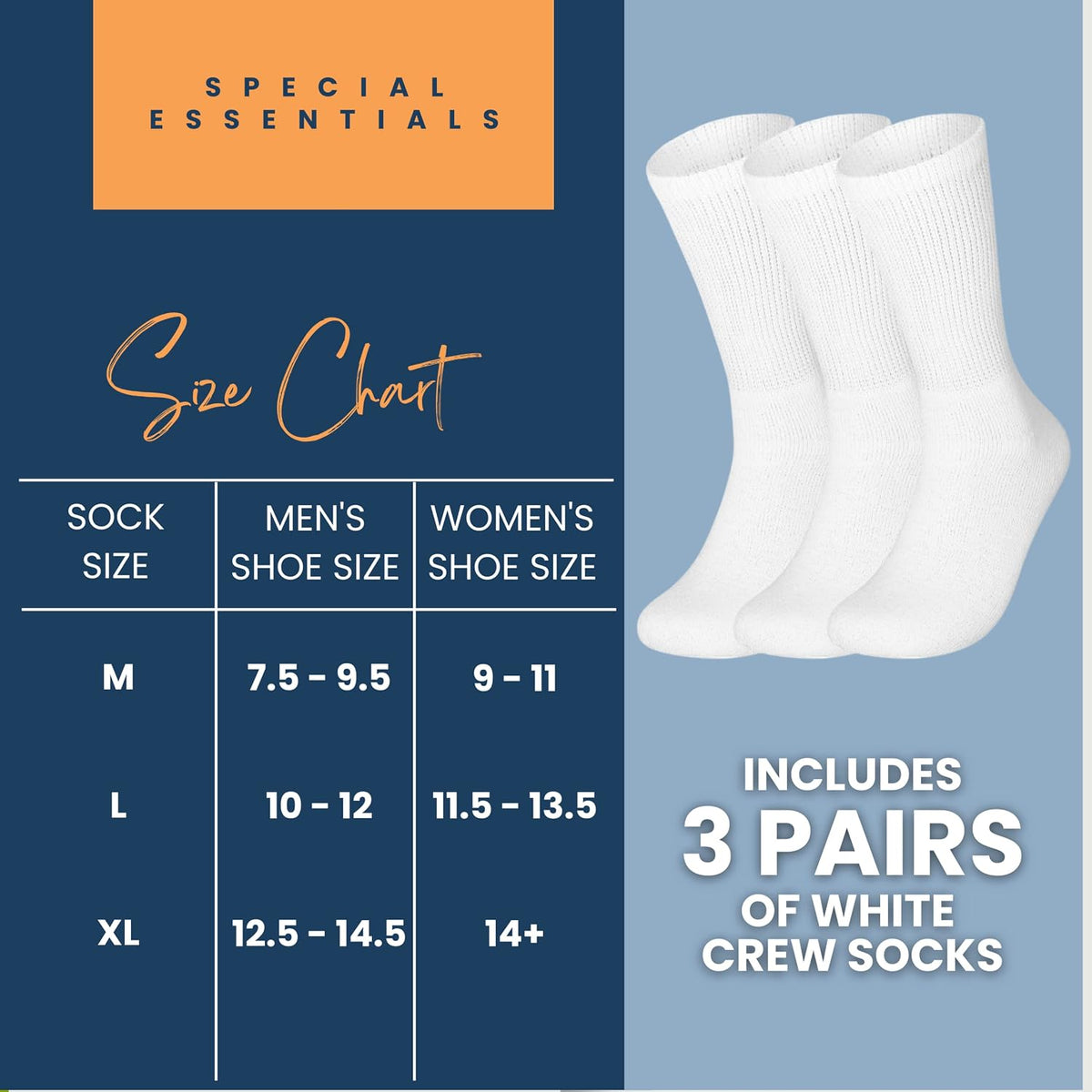 Special Essentials Diabetic Socks for Men & Women – 3 Pairs of Non-Binding Moisture-Wicking Neuropathy Socks – Crew Lengt