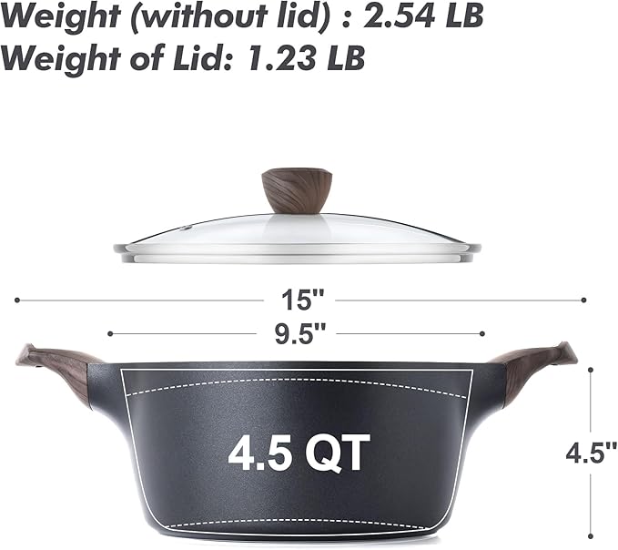 SENSARTE Nonstick Stock Pot with Lid, 2.64.56.6 QT Soup Pot Casserole Pot, Healthy Pasta Pot, Large Deep Cooking Pot, Big Sauce Pot Stew Pot, Induction Compatible, PFOA PFOS APEO Free, Black