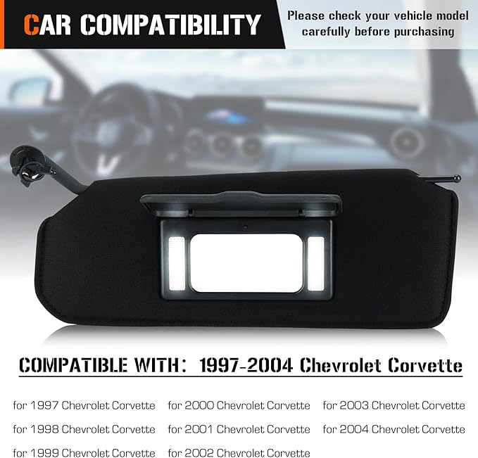 Left Right Sun Visor with Light for 1997-2004 Chevy Corvette C5 5.7L, Driver Passenger Side Black Sunvisor Replacement 10442033 10442034