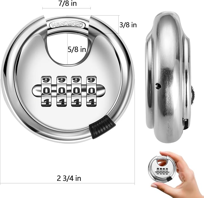 Rohuis Round Combination Lock, Uncuttable Combination Disc Padlock, 3/8 Inch Shackle Outdoor Combo Lock Discus Pad Lock for Storage Unit, Garages, Fences (1 Pack)