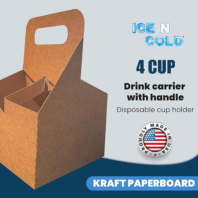 4 Cup Drink Carrier with Handle Kraft Paperboard Cup Holder Disposable Cup Holder for Hot or Cold Drinks Cup Carrier for Food Delivery Services, Uber Eats, Door Dash (15)