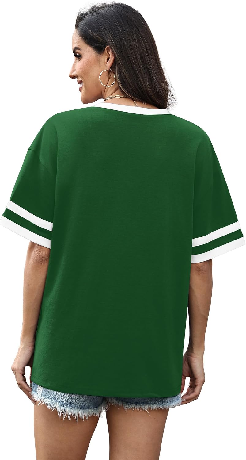 Womens T Shirts Loose Fit Short Sleeve Tees V Neck Color Block Summer Tops 2026 Fashion S-4XL