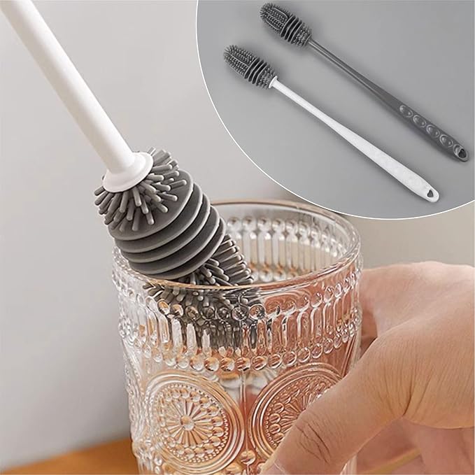 Silicone Bottle Brush,Silicone Bottle Cleaning Brush with Long Handle,be Suited to Cleaning Narrow Neck Containers, Vacuum Sports Bottle, Tumblers, Flask, Glassware (2 Pack, Black and White)