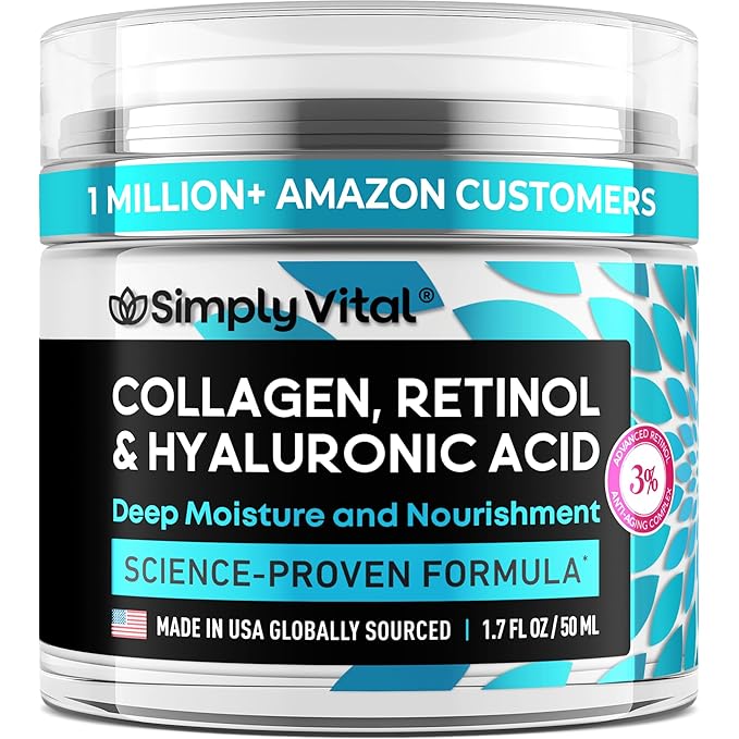 SimplyVital Collagen, Retinol Hyaluronic Acid Cream - Anti-Aging Face Moisturizer for Face, Neck Decollete - Made in USA, Daily Moisturizer Face Cream - 1.7 fl.oz.