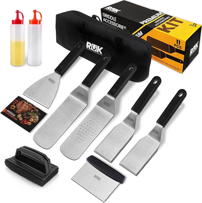 Blackstone Griddle Accessories Kit, RuK 11 PCS Flat Top Griddle Accessories Set with Anti-Scalding Long Handle Metal Spatula, Griddle Scraper, Cleaning Kit, E-Cookbook for Blackstone and Camp Chef